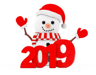 Aufkleber - New Year Concept. Snowman with Christmas New 2019 Year Sign. 3d Rendering