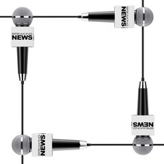 Leinwandbilder - Microphones with Breaking News Sign Boxes as Frame with Blank Space for Your Design. 3d Rendering