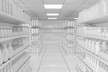 Market Shelving Rack with Blank Products or Goods in Clay Style as Supermarket Interior. 3d Rendering