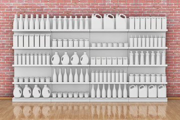 Poster - Supermarket Shelving Rack with Blank Products or Goods in Clay Style. 3d Rendering