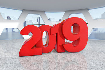 Poster - Red New 2019 Year Sign in Abstract Bright Office Meeting Room. 3d Rendering