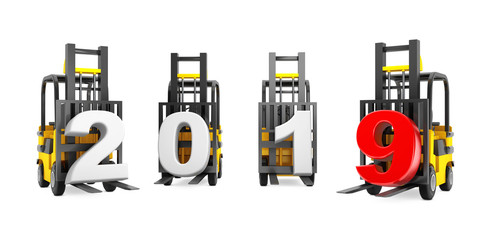 Aufkleber - Forklift Trucks with 2019 New Year Sign. 3d Rendering