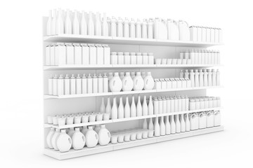 Poster - Supermarket Shelving Rack with Blank Products or Goods in Clay Style. 3d Rendering