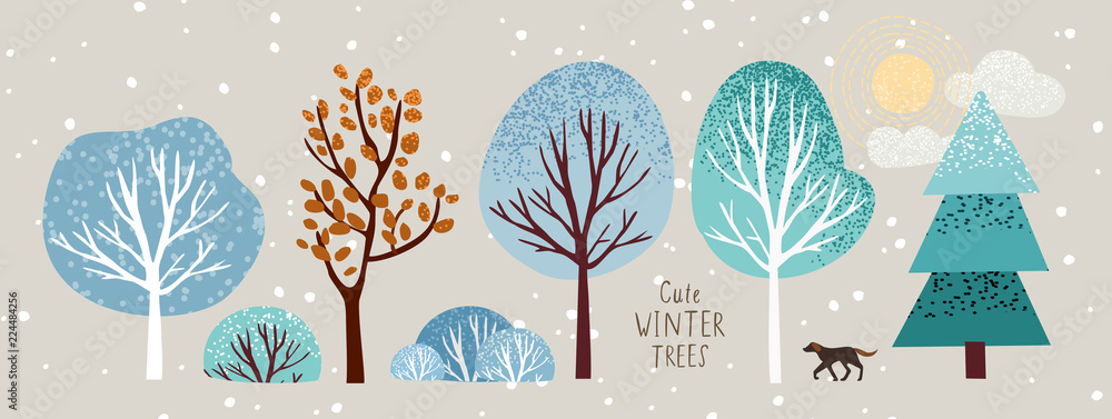 cute winter trees, vector isolated illustration of trees, leaves, fir trees, shrubs, sun, snow and clouds, New Year and Christmas objects and elements of nature to create a landscape - obrazy, fototapety, plakaty 