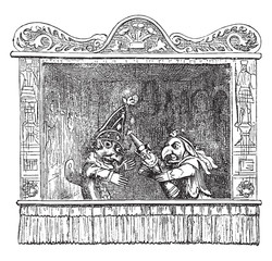 Wall Mural - Punch and Judy Show including Punch, Judy and their child in this picture, vintage engraving.