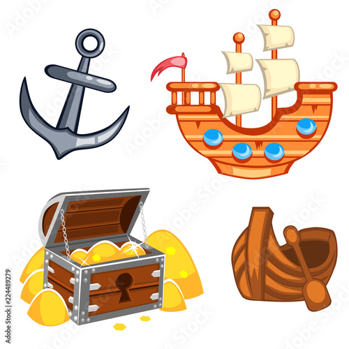 Fotografía Set of underwater cartoon vector items a ship, an anchor, a chest with gold, a b