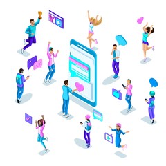 Wall Mural - isometrics teenagers in bright clothes jumping fun, communicate through social networks. icons smile