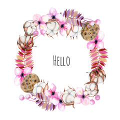 Wall Mural - Wreath, frame border with watercolor cotton flowers, pink florals and lotus boxes, hand painted on a white background
