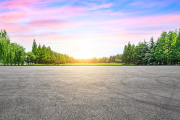 Empty asphalt road and green woods at sunset