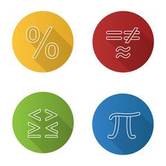 Mathematics flat linear long shadow icons set