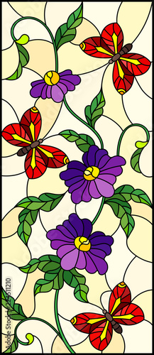 Dekoracja na wymiar  ilustracja-w-stylu-witrazu-z-abstrakcyjnym-kreconym-fioletowym-kwiatem-i-czerwonym-motylem