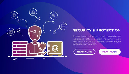 Wall Mural - security and protection concept with thin line icons: bank safe, mobile security, fingerprint, firew