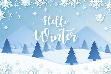 Wall Mural - Hello Winter design background. Origami snowfall. Vector Illustration.