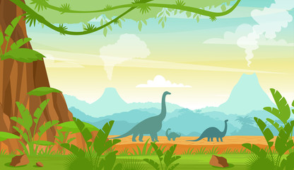 Vector illustration of silhouette of dinosaurs on the Jurassic period landscape with mountains, volcano and tropical plants in flat cartoon style.