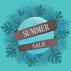 Summer sale banner with  tropical leaves background,  vector illustration