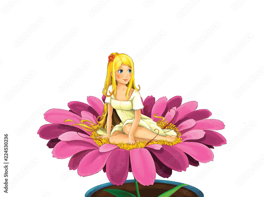 cartoon scene with beautiful young elf girl sitting on big flower on ...