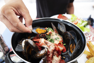 Poster - moules a la bonifacienne, typical Corsican mussels