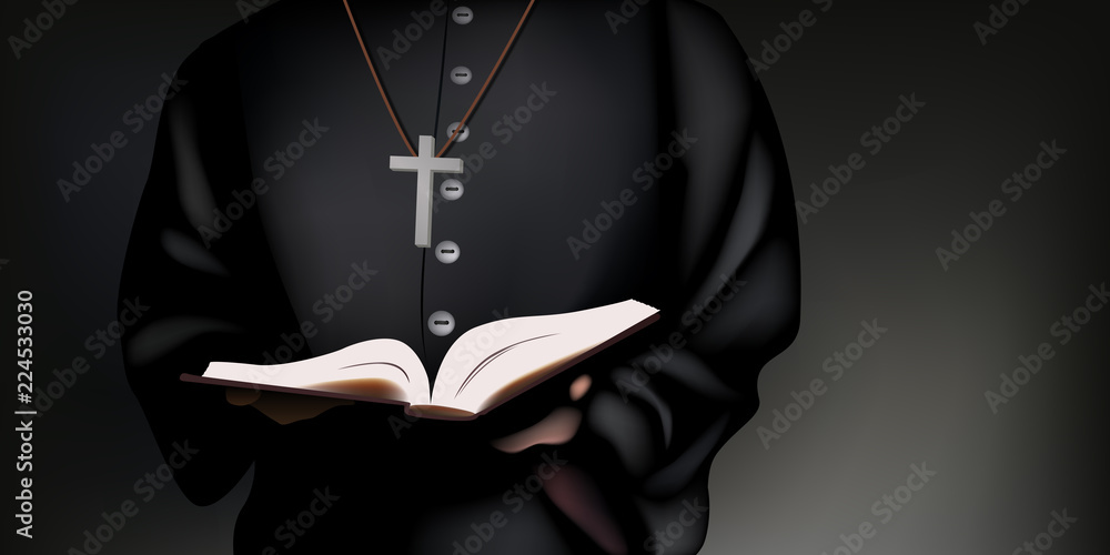 Un prêtre catholique en soutane tient la bible dans ses mains, pour prier Dieu. - obrazy, fototapety, plakaty 