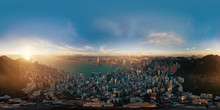 360 Panorama By 180 Degrees Angle Seamless Panorama View Of Downtown Hong Kong City At Sunset. Skybox As Background In Equirectangular Spherical Equidistant Projection For VR Content