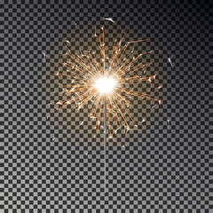 Bengal fire. New year sparkler candle isolated on transparent background. Realistic vector light eff