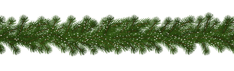 Green Christmas border of pine branch with snow, seamless vector isolated on white background. Xmas 