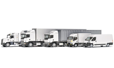 Wall Mural - Tanker with Semi Trailer Trucks and a Delivery Van on White Background 3d rendering