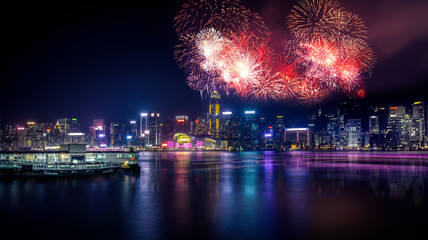 Wall Mural - Firework show  in Hong Kong Victoria Harbor