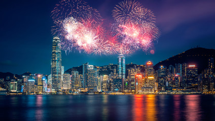 Fototapete - Firework show  in Hong Kong Victoria Harbor