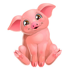 Cute pink pig sits on white