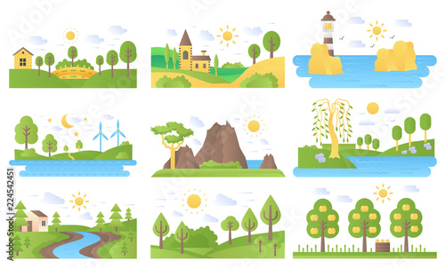 Vector Mini Landscapes Icons Set Ecology Nature And Travel