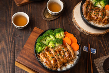 Teriyaki Chicken Rice Soft chicken Full bowl and dipping sauce Teriyaki Popular Japanese menu