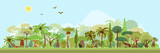 Fototapeta Dinusie - Vector tropical rainforest landscape with palms and other tropical trees. Tropical forest panoramic illustration. Flat vector design of tropical forest landscape in light green summer colors