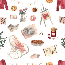 Seamless Watercolor Cozy Pattern. Sweater, Rocking Chair, Cake, Jam, Cat On The Pillow, Socks, Donuts, Easel