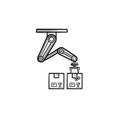 Wall Mural - Robotic arm picks a box in manufacturing process hand drawn outline doodle icon