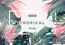 Bright Tropical Background With Jungle Plants. Exotic Pattern With Palm Leaves. Vector Illustration