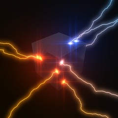 Poster - powerful lightning strikes on cube and makes cracks on surface of sphere. 3d illustration