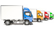 © beysim - Side View of Lined Up Box Trucks with Cabins in Different Colors 3d rendering