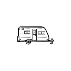 Wall Mural - Camper hand drawn outline doodle icon. Camping trailer, vacation and travel, tourism and journey concept. Vector sketch illustration for print, web, mobile and infographics on white background.