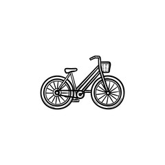 Sticker - Woman bike with basket hand drawn outline doodle icon. Retro bicycle, ladies cycling and shopping concept. Vector sketch illustration for print, web, mobile and infographics on white background.