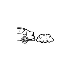 Sticker - Car emitting exhaust fumes hand drawn outline doodle icon. Ecology and environment pollution ,traffic concept. Vector sketch illustration for print, web, mobile and infographics on white background.