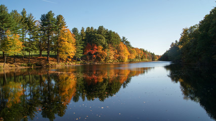 Beautiful scene of the autumn colorful trees reflected in the water of a river during fall season in Massachusetts