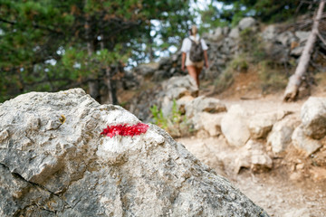Wall Mural - hiking trail sign on rock and tourist woman walking on path