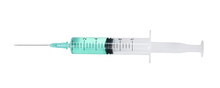Plastic Syringe With Medicament On White Background. Medical Care