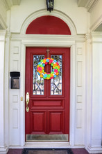 Resentails Red Front Door With Leaded Glass In White House Colorful Day Of The Dead Halloween Wreath