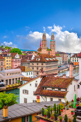 Wall Mural - Aerial view on beautiful river Limmat and city center of Zurich, Switzerland