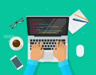 Wall Mural - programmer coding on laptop computer on work desk vector illustration, cartoon flat freelancer sitti