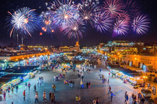 Jamaa El Fna Market Square In Marrakesh's Medina With Fireworks, Marrakesh, Morocco