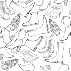 Wall Mural - Hand drawn sketch seamless pattern of Shoes. Running shoes sneakers, boots, flip flops, boots, moccasins, loafer with lettering. Design element. Coloring book, Wrapping paper