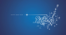 New Year 2019 Line Design Firework Champagne White Blue Vector