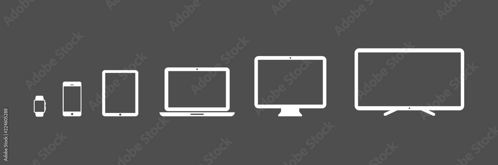 Device Icons: smartwatch, smartphone, tablet, laptop, desktop computer and tv. Black background. Vector illustration, flat design - obrazy, fototapety, plakaty 